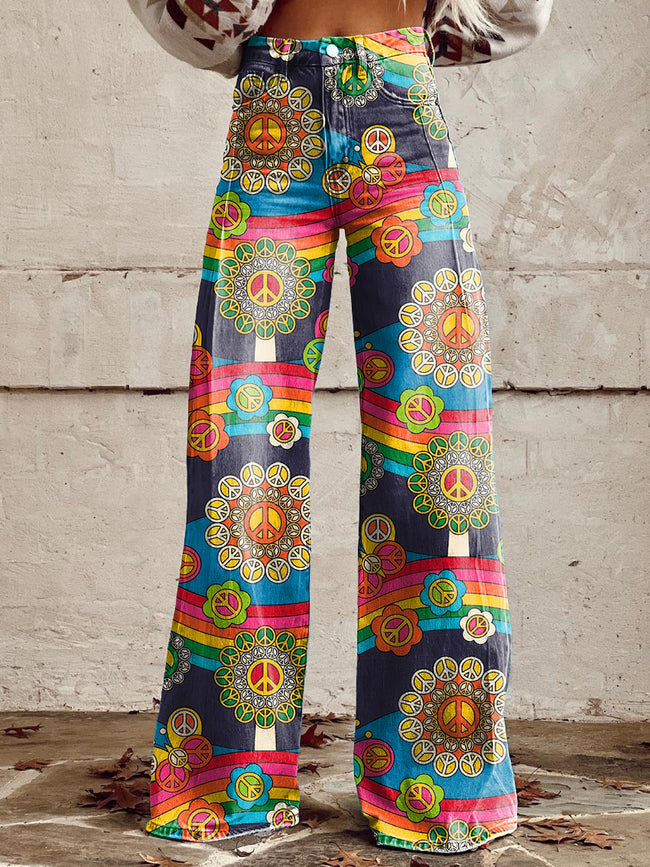 Women's Vintage Hippie Floral Print Casual Wide Leg Pants