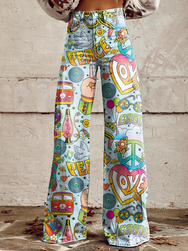 Women's Vintage Hippie Pattern Print Casual Wide Leg Pants