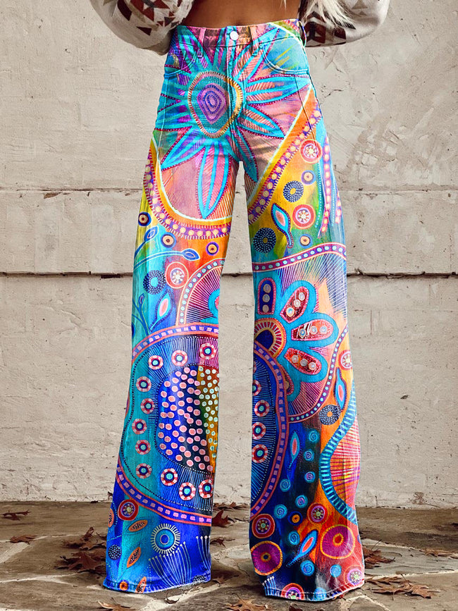 Women's Vintage Hippie Pattern Print Casual Wide Leg Pants