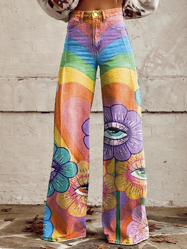 Women's Vintage Hippie Floral Print Casual Wide Leg Pants