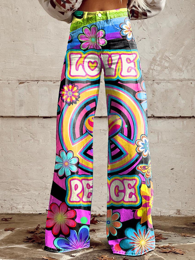 Women's Vintage Hippie Peace and love Print Casual Wide Leg Pants