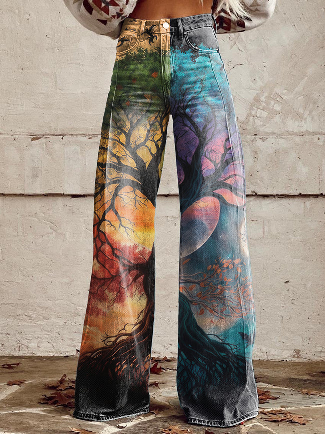 Women's Vintage Hippie Tree of Life Print Casual Wide Leg Pants