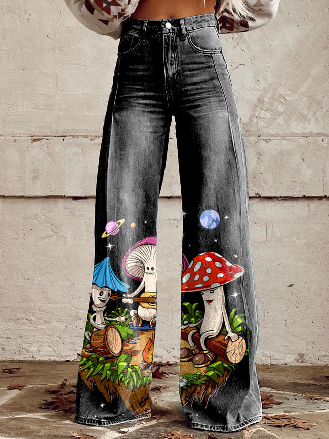 Women's Hippie Mushrooms Print Casual Wide Leg Pants