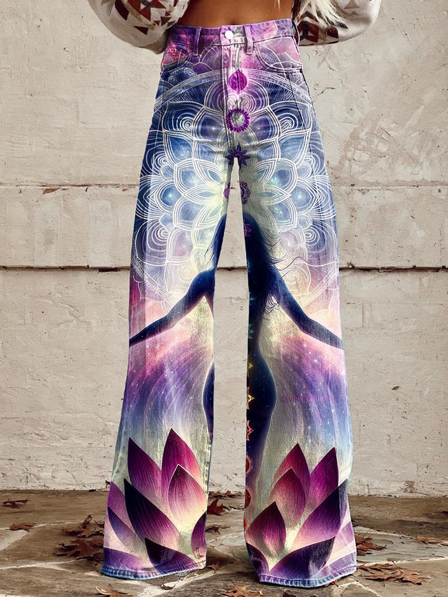 Women's Vintage Hippie Energy Art Print Casual Wide Leg Pants