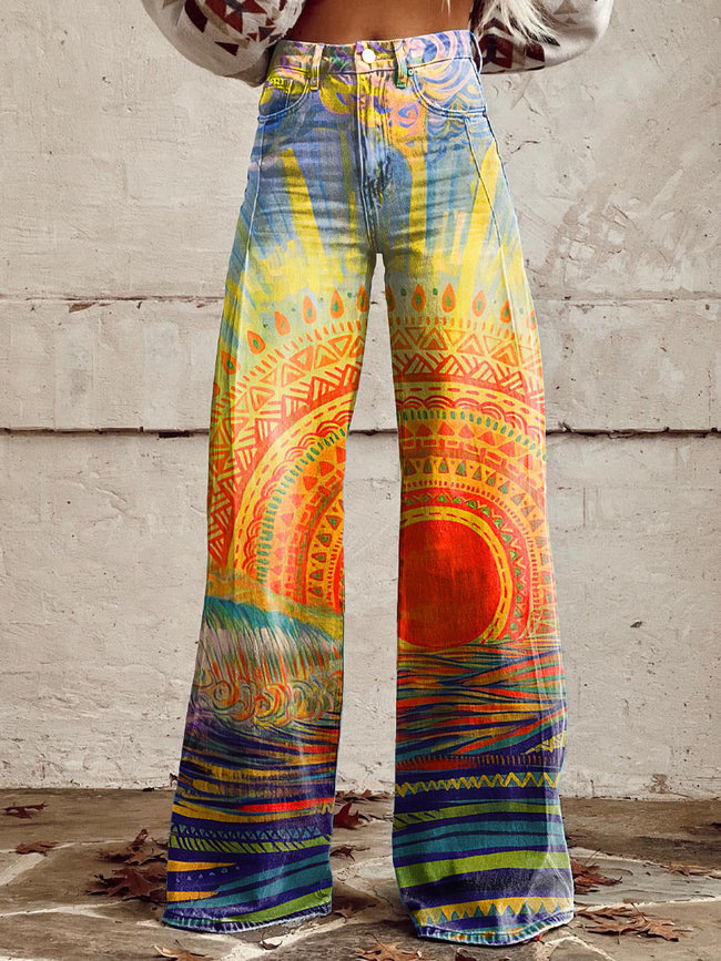 Women's Vintage Hippie Sun Art Print Casual Wide Leg Pants
