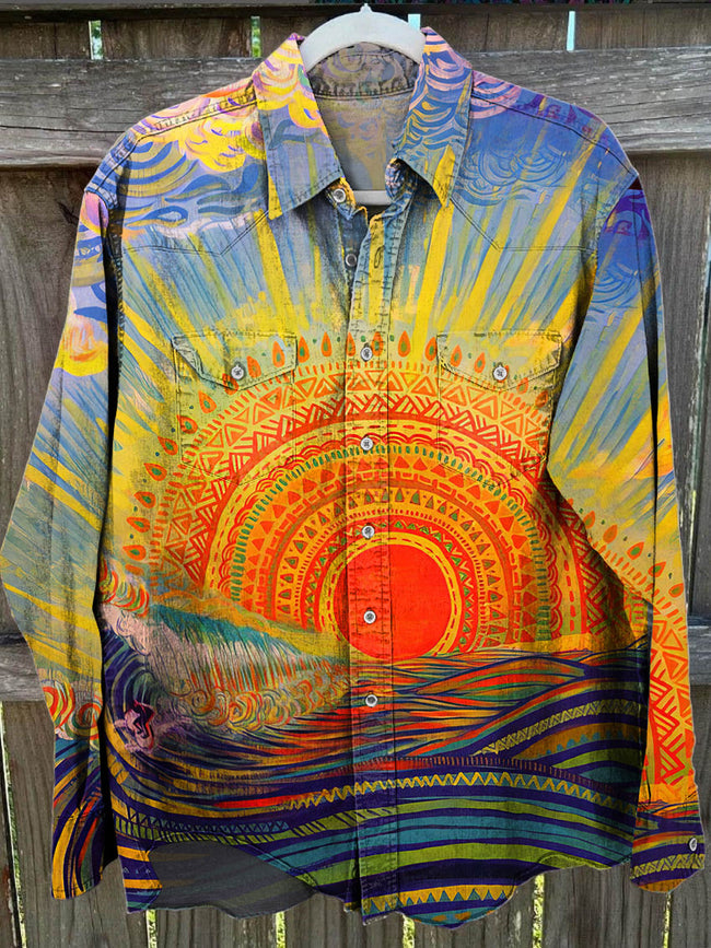 Vintage Hippie Sun Print Casual Shirt
