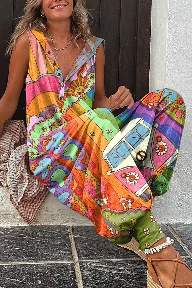 Women's Retro Hippie Printed Single-breasted Sleeveless Hooded Jumpsuit
