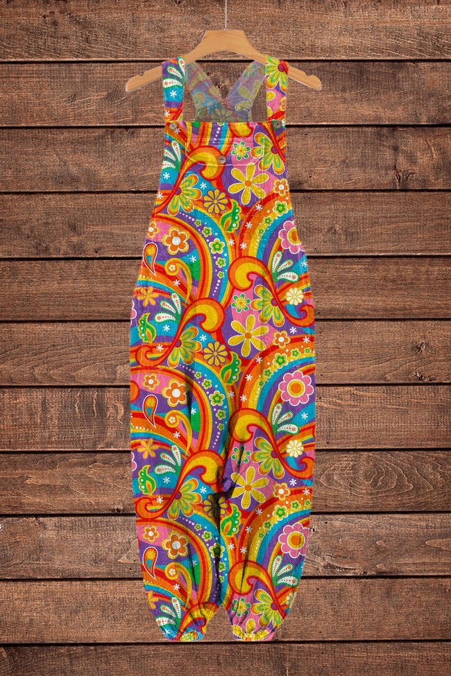 Women Retro Colorful Hippie Pattern Print Sleeveless Harem Jumpsuit