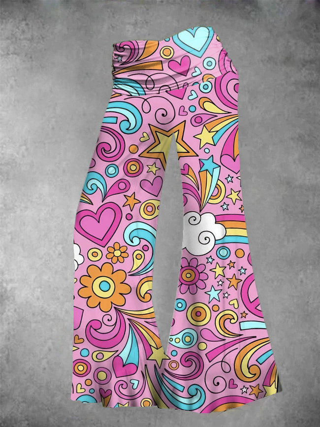 Women's Colorful Hippie Flowers Wide Leg Pants