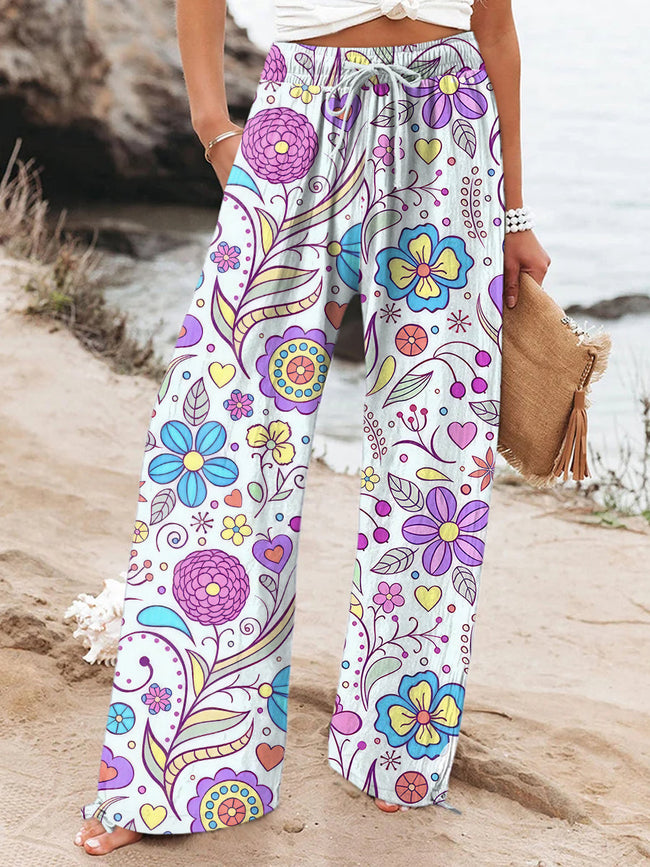 Women's Vintage Hippie Flower Art Printed Cotton And Linen Casual Pants