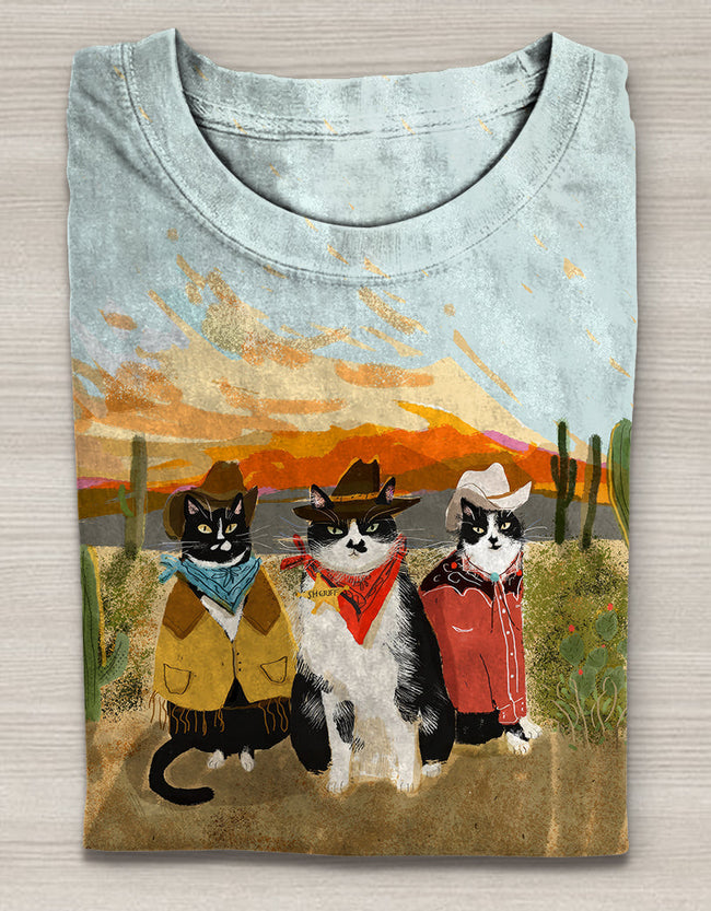 Retro Meow Cowboy Art Pattern Printed Casual Short Sleeve T-Shirt