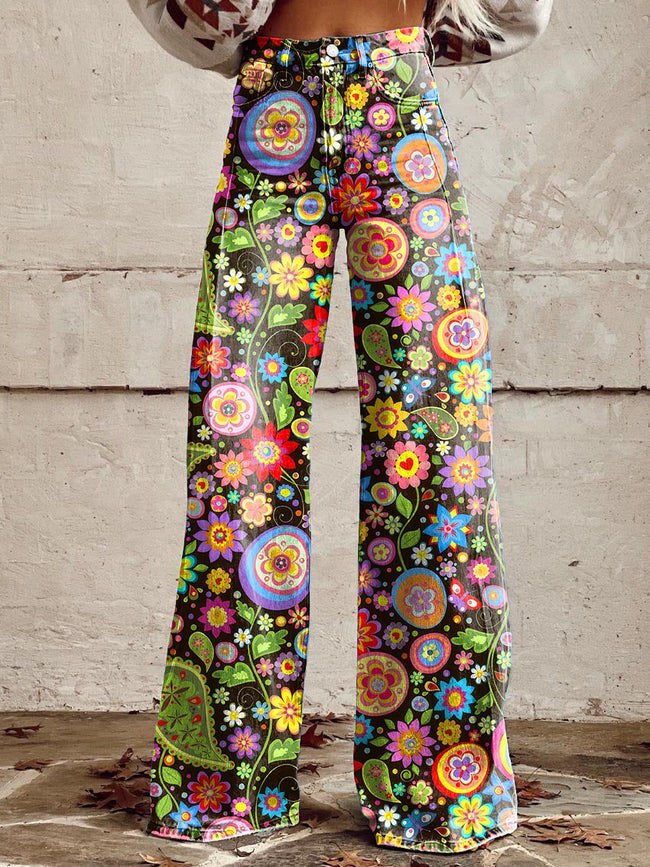 Women's Vintage Hippie Flower Art Print Casual Wide Leg Pants