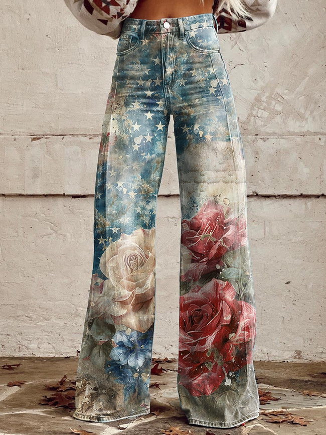 Women's Vintage Independence Day Art Print Casual Wide Leg Pants