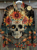 Vintage Hippie Skull Flower  Print Casual Shirt
