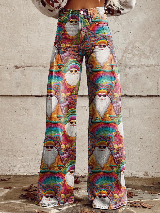 Women's Retro Old Hippies Print Casual Wide Leg Pants