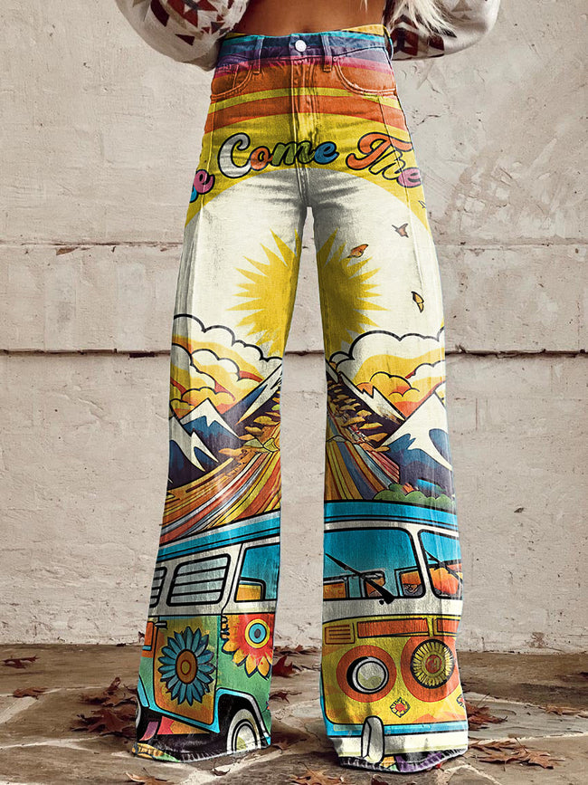 Women's Retro Hippie Print Casual Wide Leg Pants