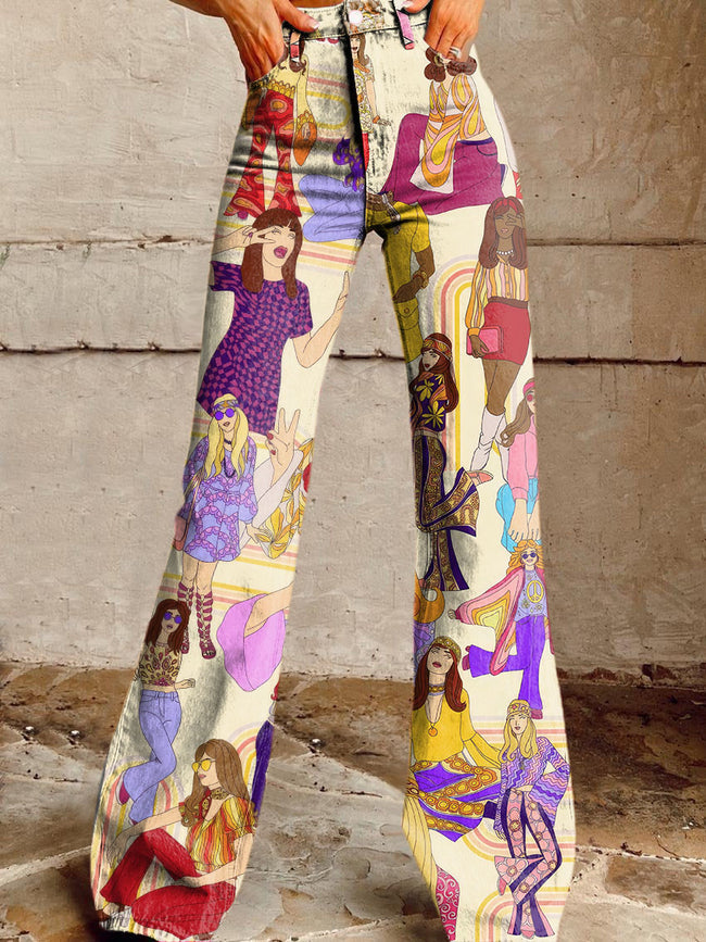 Women's Vintage Groovy Hippie Print Casual Wide Leg Pants