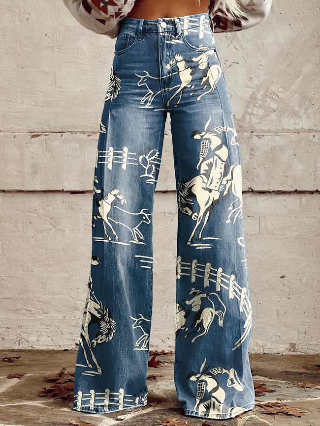 Women's Vintage Cowboy Print Casual Wide Leg Pants