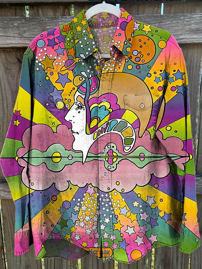 Men's Retro Hippie Art Print Buttons Shirt