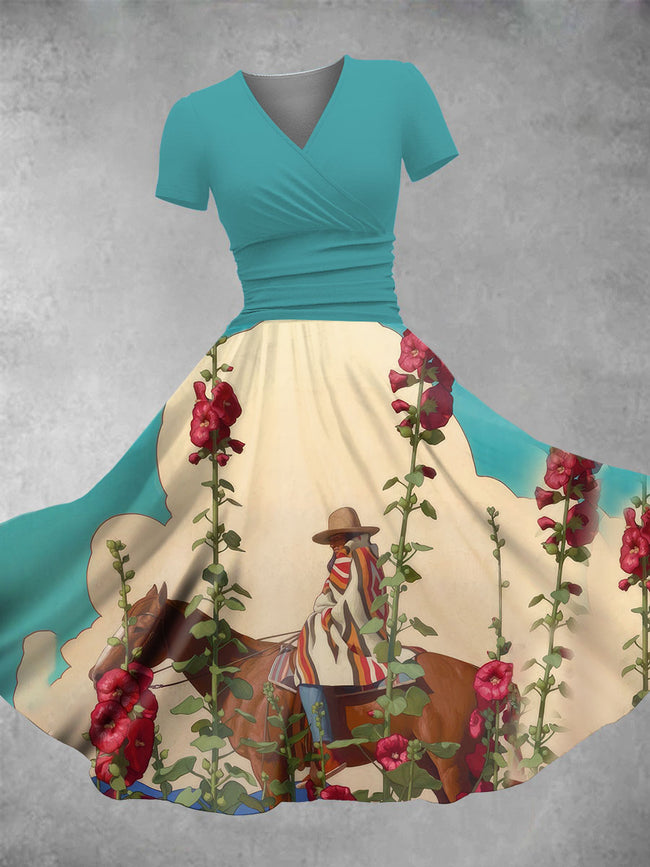 Women's Retro Cowboy and Flower Print Maxi Dress