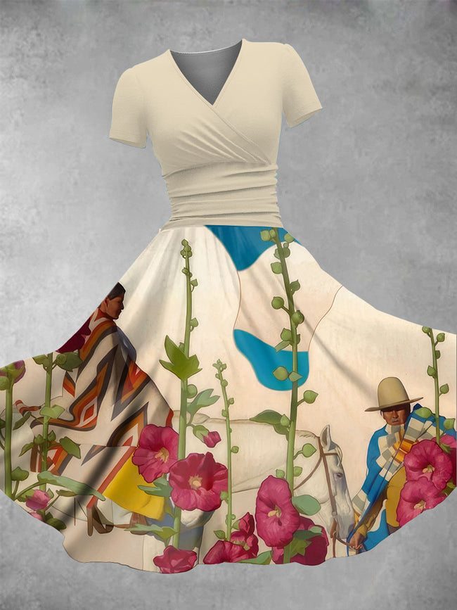 Women's Retro Cowboy and Flower Print Maxi Dress