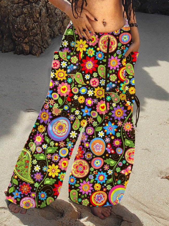 Women's Retro Hippie Flower Print Loose Pants