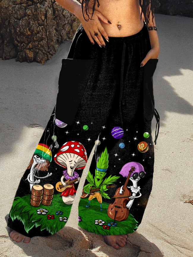 Women's Retro Hippie Psychedelic Mushroom Print Loose Pants