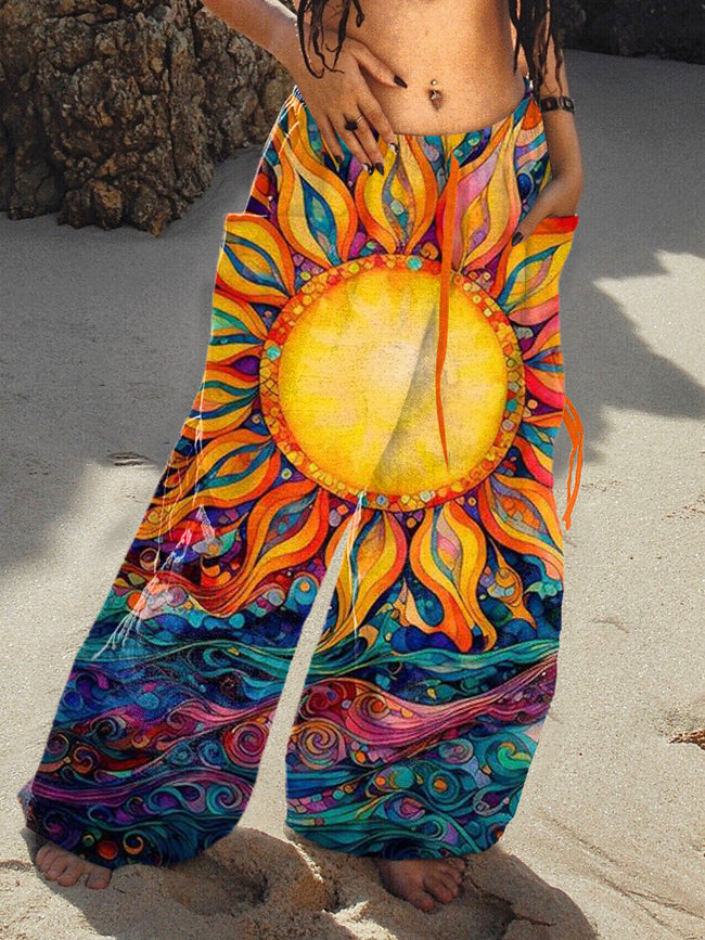 Women's Retro Hippie Sun Print Loose Pants