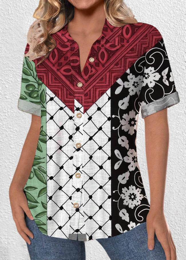 Women's Vintage We hope Peace Print Textured Fabric Short Sleeve Shirt