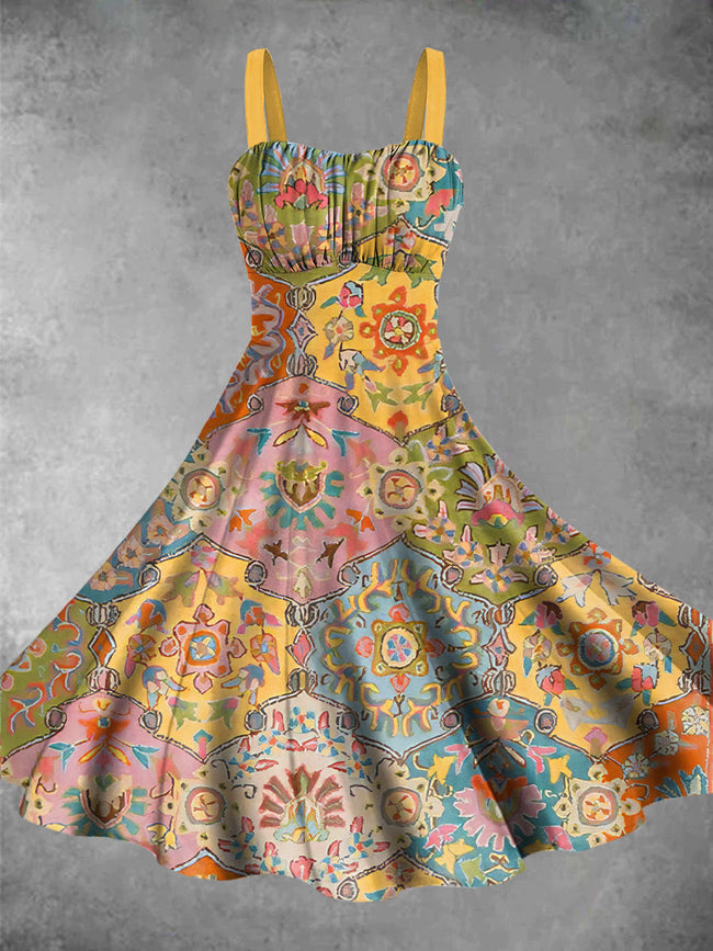 Vintage Boho Floral Print Backless Dress