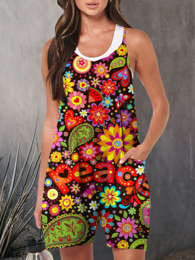 Women's Retro Hippie Flower Casual Sleeveless Loose Romper