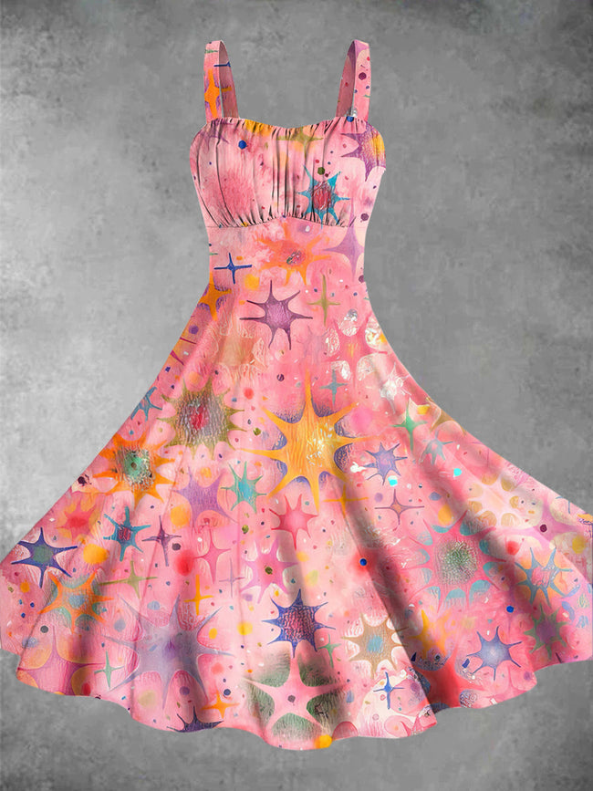 Vintage Strawberry Mango Stars Print Backless Dress