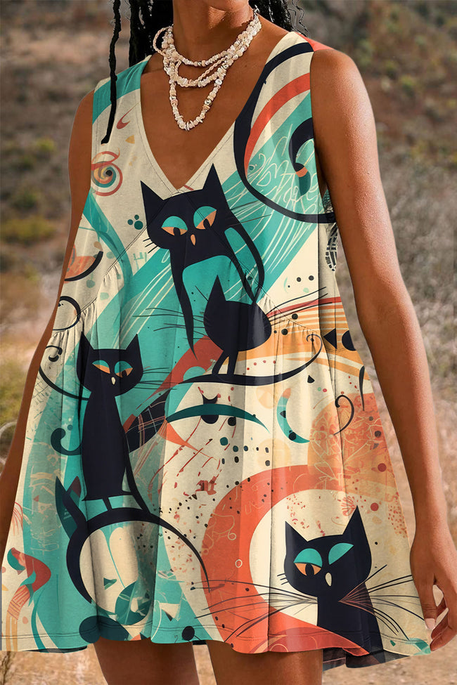 Women's Cats Illustration Print Mini Dress Sundress