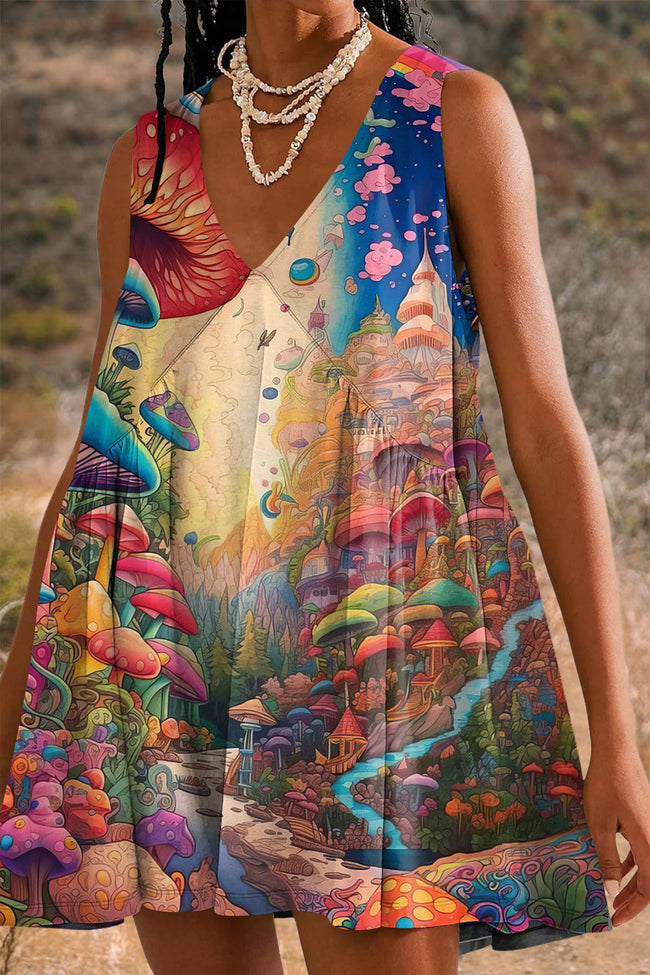Women's Hippie Mushroom Print Mini Dress Sundress