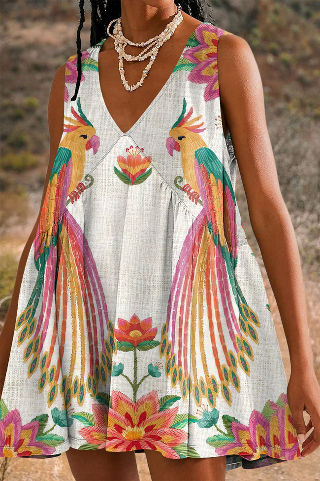 Women's Retro Tropic Bird Print Mini Dress Sundress