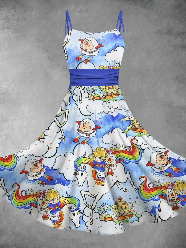 Women's Retro Cartoon Rainbow Girl Print Backless Midi Dress