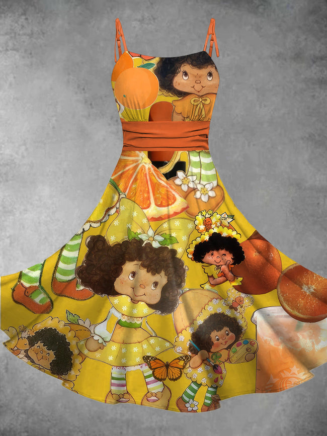 Women's Retro Cute Cartoon Girl Print Backless Midi Dress