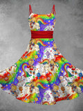 Women's Retro Cartoon Rainbow Girl Print Backless Midi Dress