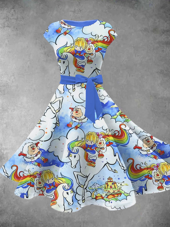 Women's Retro Cartoon Rainbow Girl Midi Dress