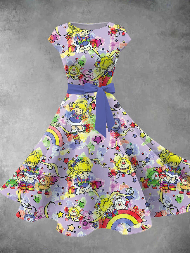 Women's Retro Cartoon Rainbow Girl Midi Dress