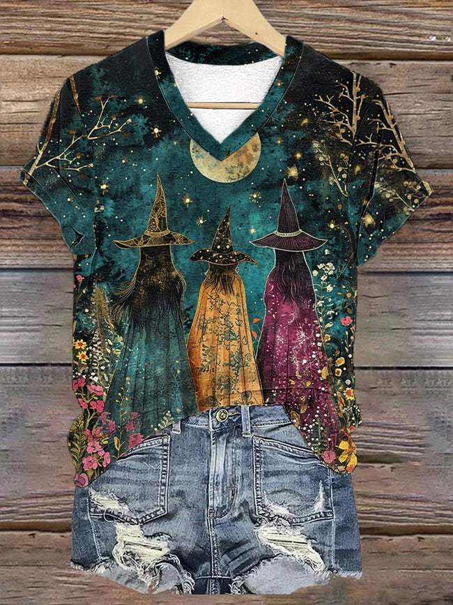 Womens Witch And Flowers Under The Full Moon Art Print T-Shirt