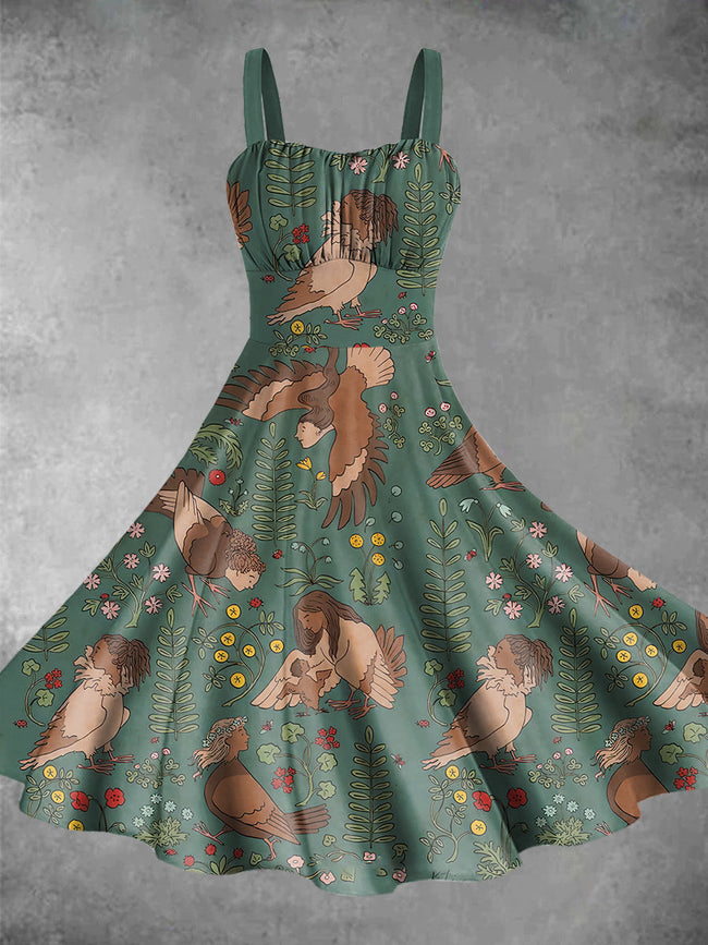 Vintage Harpies and flowers Print Backless Dress