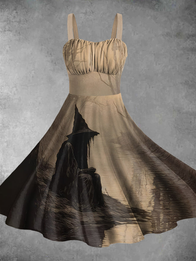 Vintage Witch Alone Print Backless Dress