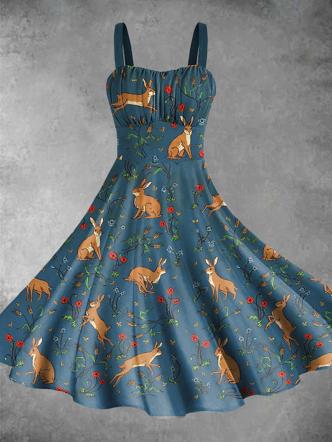 Vintage Hares and flowers Print Backless Dress