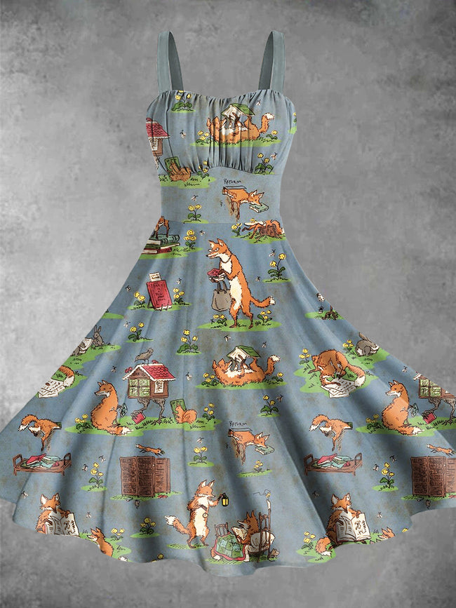 Vintage Library Foxes Print Backless Dress