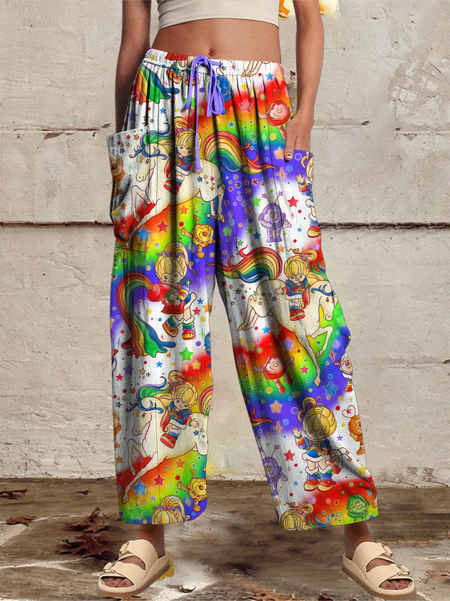 Women‘s Casual 1980s Cartoon Printed Wide Harem Leg Pants