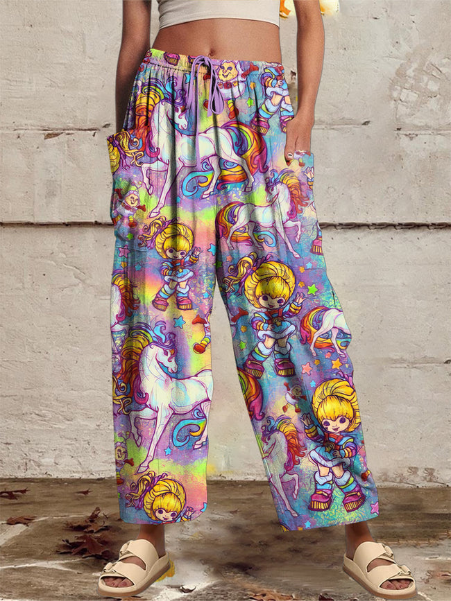 Women‘s Casual 1980s Cartoon Printed Wide Harem Leg Pants