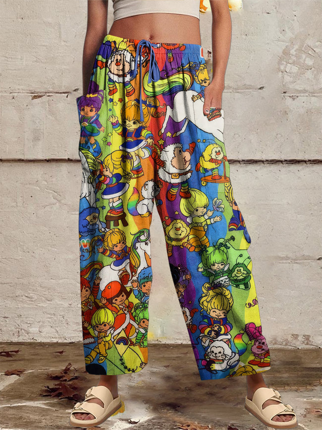 Women‘s Casual 1980s Cartoon Printed Wide Harem Leg Pants