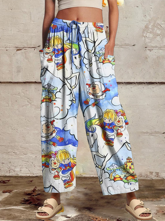 Women‘s Casual 1980s Cartoon Printed Wide Harem Leg Pants