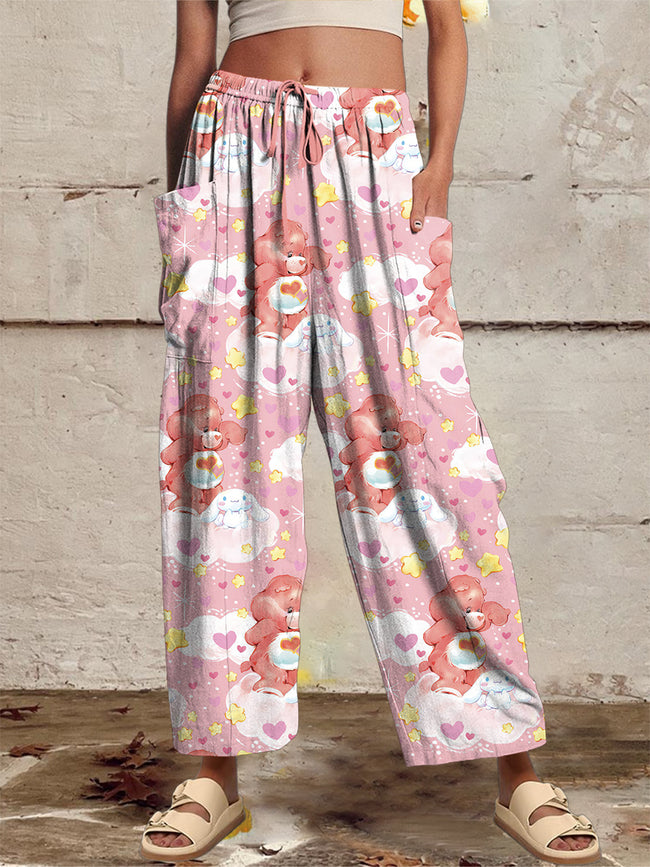 Women‘s Casual 1980s Cartoon Printed Wide Harem Leg Pants